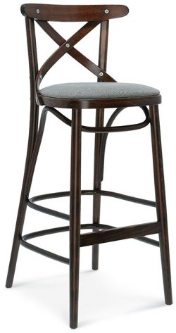 The 8810 Barstool is a wooden bar stool equipped with four legs and showcases a sophisticated brown finish along with an elegant cross-back design. It includes a padded seat covered in a light gray cushion, and features a footrest ring connecting the legs for enhanced support.