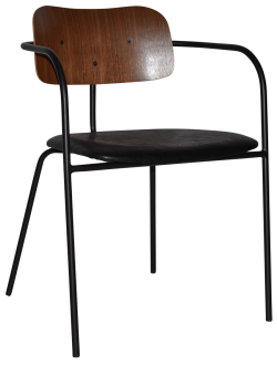 The Faro Chair is a sleek, modern piece featuring a dark wooden backrest, black padded seat, and a slender black metal frame. Its minimalistic design is accentuated by curved armrests and four legs.