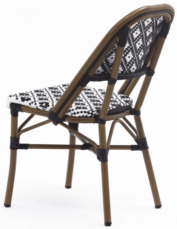 The Bergen Parisian Chair features a black and white patterned seat and backrest made from woven material, resting on a brown metal frame with black binding at the joints. The design includes a simple, slightly curved back. The chair is positioned at an angle, showcasing its side and part of the back.