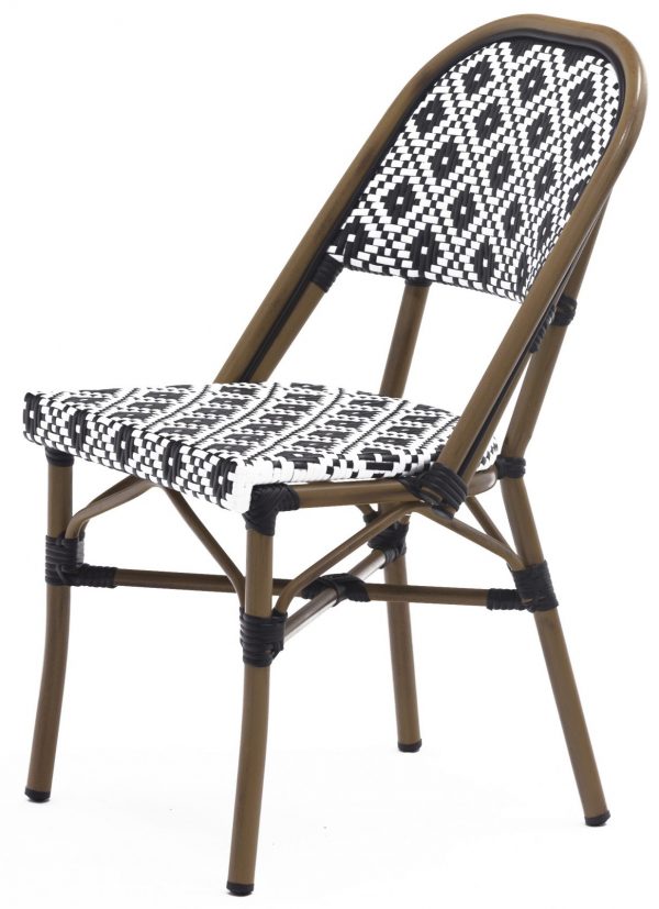 The Bergen Parisian Chair features a seat and backrest adorned with a black and white diamond pattern, supported by a brown metal frame and legs. The design is simple and modern, accentuated by black binding at the joints, with the seat and backrest constructed from woven material.