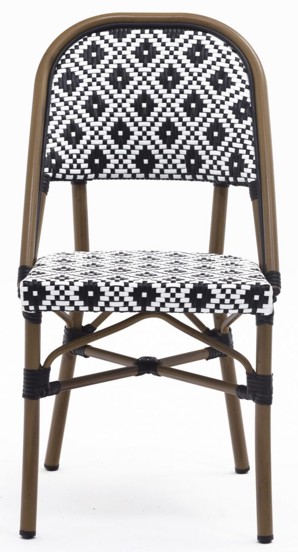 The Bergen Parisian Chair showcases a stylish design featuring a brown frame and black-and-white woven geometric pattern on both the seat and backrest. Its sturdy construction includes crisscrossed support bars beneath the seat, all set against a white background.