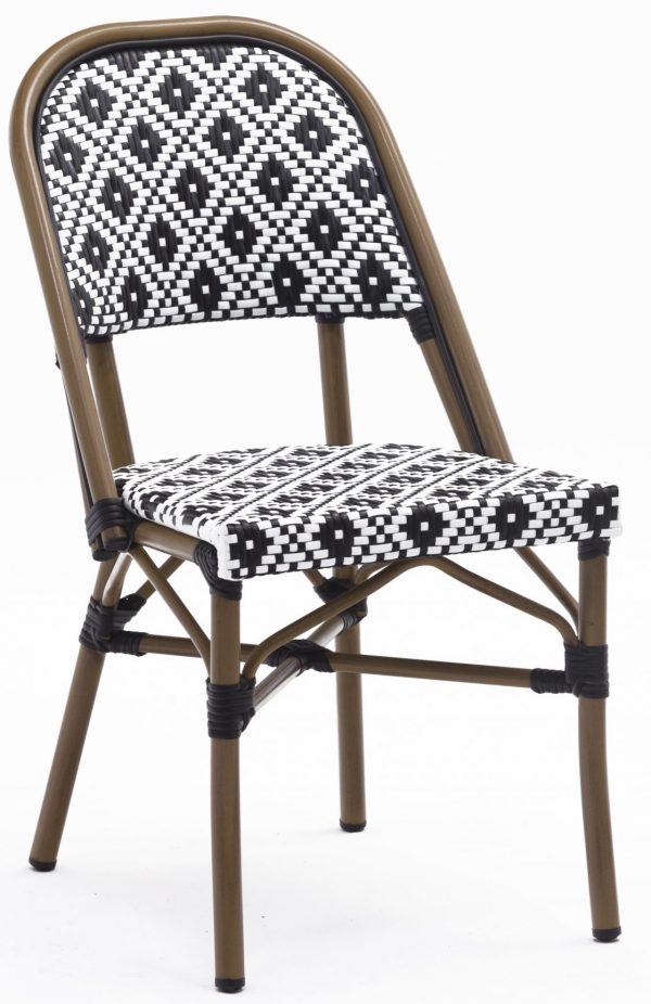 The Bergen Parisian Chair features a wicker design with a black-and-white checkered pattern on the backrest and seat. Its metal frame boasts a bronzed finish along with black accent bindings at the joints, blending modern and traditional aesthetics seamlessly.