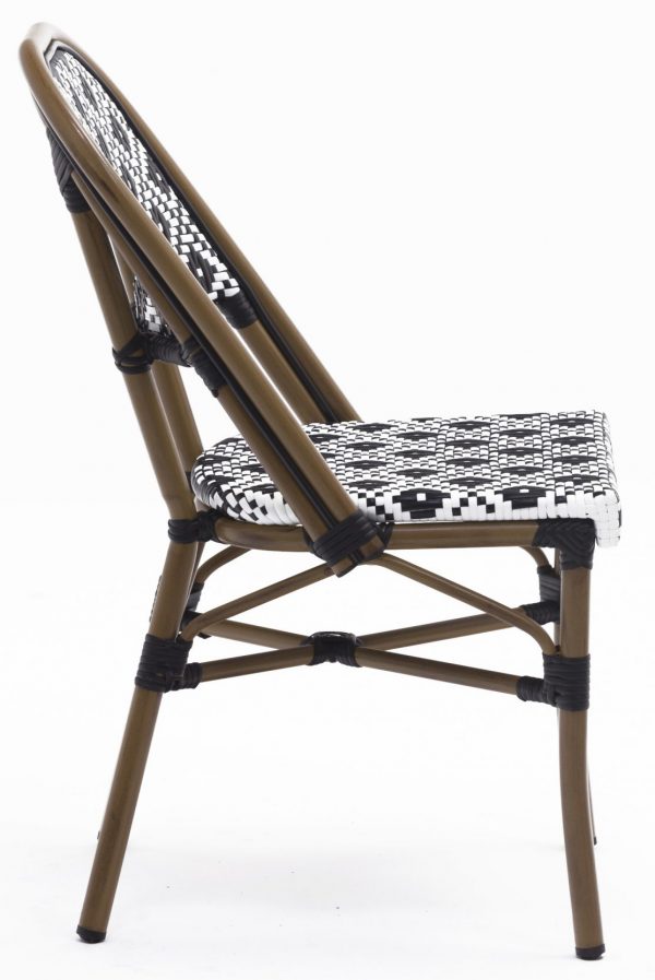 Side view of the Bergen Parisian Chair showcasing its stylish design with a woven black-and-white patterned seat and backrest, supported by a light brown wooden frame. The chair features a curved back and crossed support bars beneath the seat.
