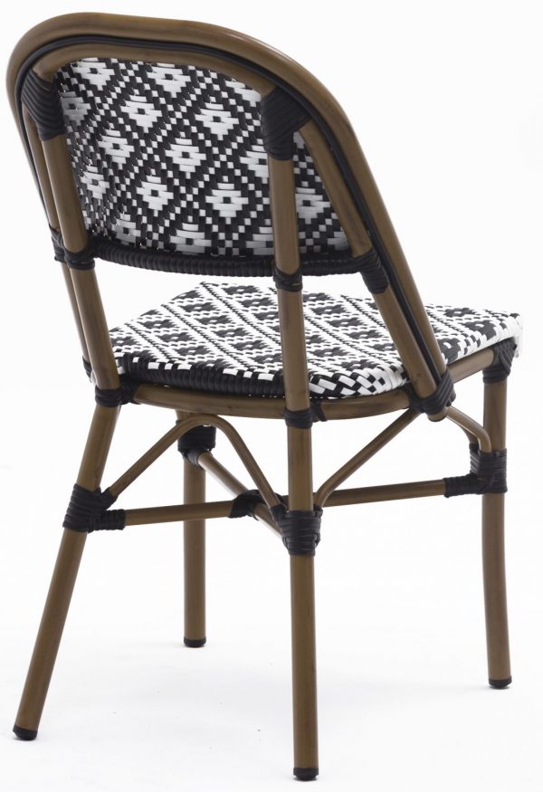 The Bergen Parisian Chair features a modern design with a brown frame and black and white woven pattern on the backrest and seat, showcasing a classic diamond motif. The chair includes wrapped detailing at various joints and small black caps on the legs.