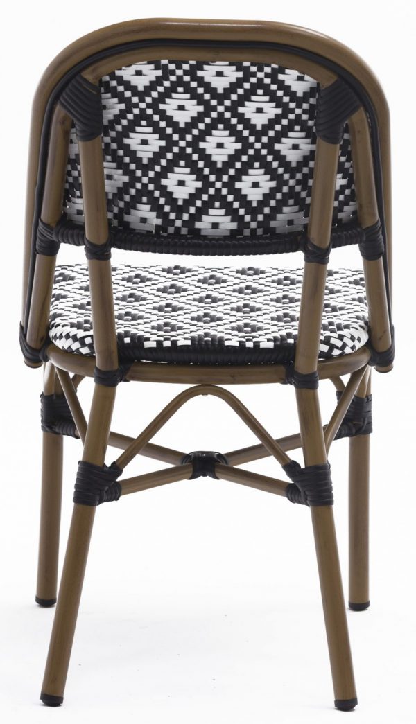 Presenting the Bergen Parisian Chair, featuring a brown metal frame and a woven black-and-white geometric pattern on the backrest and seat. The chair boasts round legs and is showcased from the rear view, accentuating its intricate woven design and sturdy structural supports.