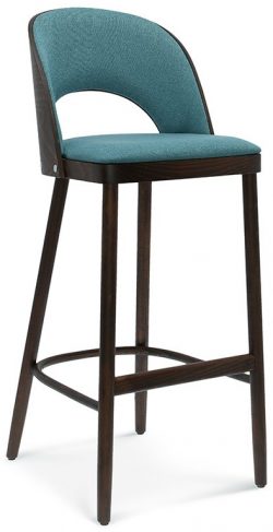 The Amada Barstool is a tall stool with a dark wooden frame and four legs. It features a teal upholstered seat and a matching curved backrest with a cutout below it. There is also a circular footrest near the base, giving the stool its modern and sleek design.