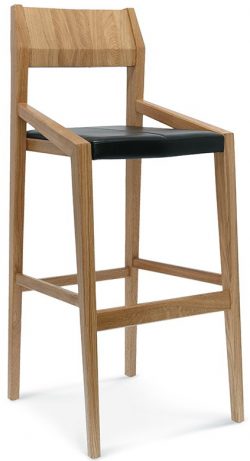 The Arcos Barstool is a wooden bar stool with a tall backrest and footrest, featuring a light oak finish and a square black leather seat cushion. The design is modern, showcasing clean lines and the natural texture of the wood.