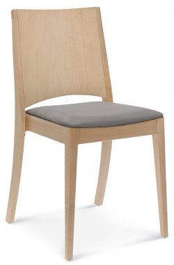 The Base Chair, crafted with a minimalist wooden design, features a curved backrest and a padded black seat cushion. Its four slightly tapered legs provide a modern and elegant appearance.