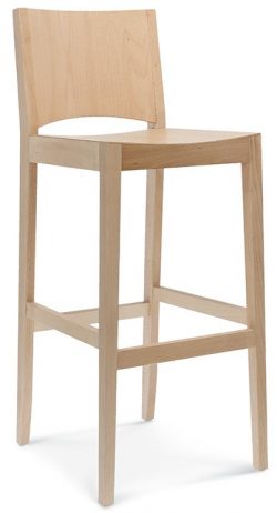 The Base Barstool is a minimalist piece, featuring a rectangular seat, curved backrest, and four straight legs connected by footrests. Crafted from light-colored wood, it boasts a sleek and modern design.