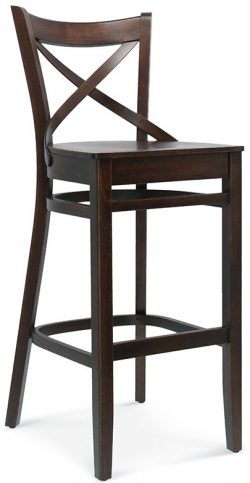 Introducing the Bistro.1 Barstool: a sleek dark wooden bar stool featuring a sophisticated cross-back design and a square seat. Its four straight legs are connected by rectangular support bars, ensuring stability. Simple and elegant, this exquisite bar stool stands alone against a plain white background.