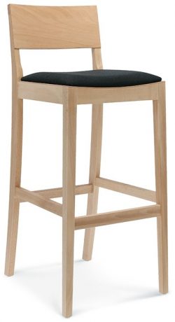 The Class Barstool features a wooden frame with a light natural finish and a black cushioned seat. It includes a square backrest and a rectangular footrest for added comfort. Its minimalist design emphasizes clean, straight lines, giving it a modern and stylish appearance.