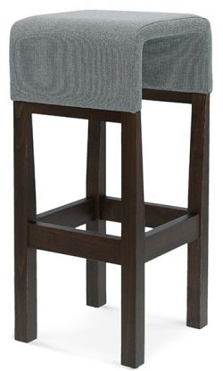 The Conran Barstool boasts a sleek, modern design with a dark wooden frame and a padded seat upholstered in gray fabric. This stylish stool features a simple, rectangular aesthetic and is supported by four sturdy legs connected by horizontal support bars for added stability.