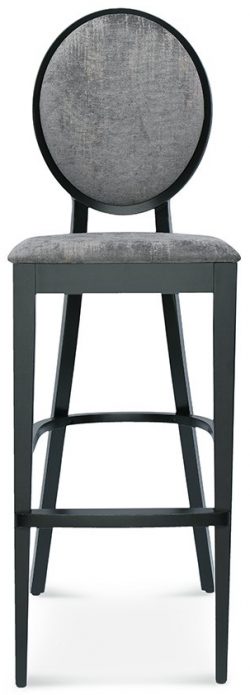 The Diana Barstool is a tall, modern bar stool with a round, grey upholstered backrest. Both the seat and backrest are crafted from matching grey fabric, while its sleek black frame and legs contribute to its contemporary design. This stylish bar stool is perfect for kitchen islands or bar counters.