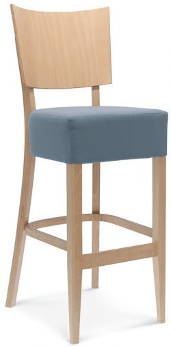 The Flat Barstool is a wooden bar stool with a light brown finish. It features a square seat upholstered in light blue fabric and has a slightly curved backrest. The stool also includes four legs connected by support rods near the base for added stability.