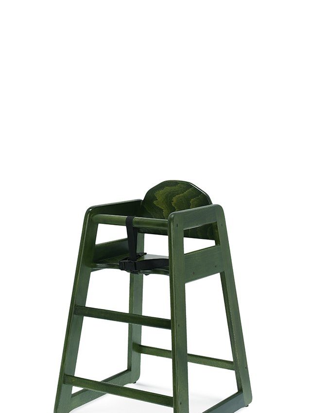 The Kiddy Barstool is a dark green wooden high chair featuring a simple design. It includes a small backrest, a safety strap, and two horizontal footrests. This sturdy chair is intended for young children, offering a safe and elevated seat at the table.