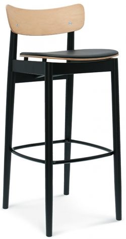 The Nopp Barstool is a tall seating option with a black metal frame supported by four legs. It features a circular footrest, a light wood backrest secured with two screws, and a slightly curved seat with a black cushion.