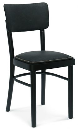 Introducing the Novo Chair: a black wooden chair featuring a padded seat and backrest upholstered in smooth, dark material that closely resembles leather. It boasts a simple, elegant design with clean lines and four straight legs.