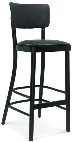 The Novo Barstool is a black bar stool with a cushioned seat and backrest, featuring sleek wooden legs and a footrest ring near the bottom. It boasts a minimalist design with white stitching around the seat cushion edges.