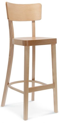 The Solid Barstool is a tall, wooden bar stool featuring a straightforward design. It boasts a rectangular backrest, a square seat, and four long, slender legs connected by a circular footrest. Constructed from light-colored wood, the Solid Barstool offers a clean, minimalist appearance.