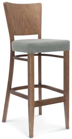 The Tulip.3 Barstool features a wooden frame with a light gray cushioned seat. It has a wooden backrest with a smooth, curved design, straight legs connected by horizontal supports for added stability and footrests. The overall design showcases a simple, modern aesthetic.