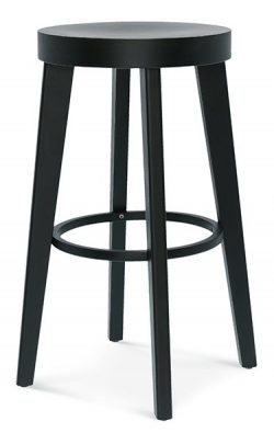 The Ufo Stool is a minimalist and modern black wooden bar stool featuring a round seat and four legs, connected by a circular footrest near the base.