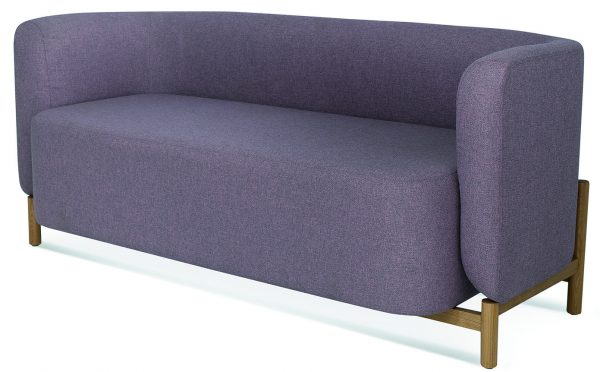 The Polar Sofa is a contemporary, minimalist piece featuring deep purple fabric upholstery and an angular design. It boasts a solid base, curved backrest, and armrests, all supported by a sturdy wooden frame and legs for a sleek modern look.