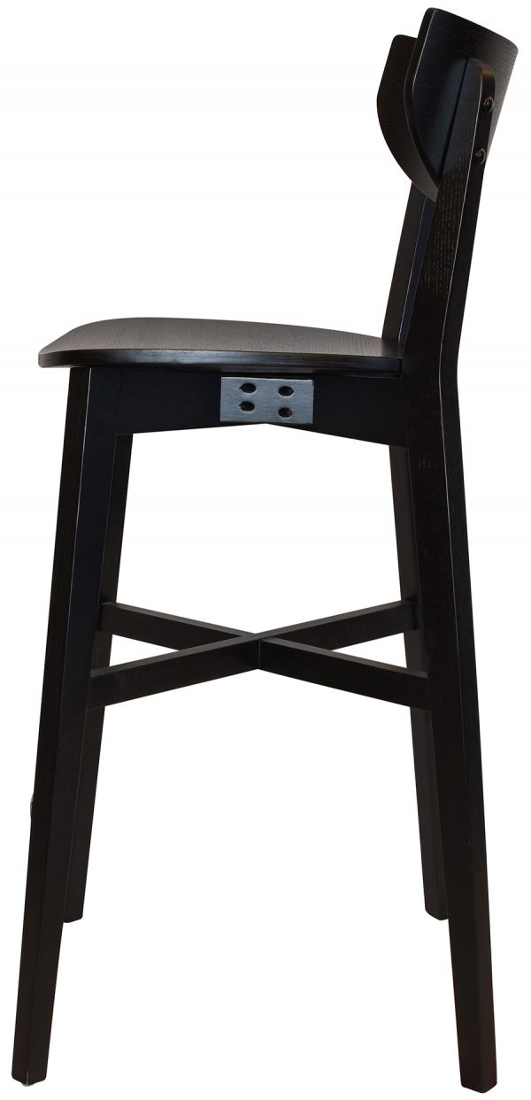 Side view of the Rialto Barstool showcasing its modern, sleek, and minimalistic design. This black bar stool boasts a beautifully curved wooden seat and backrest, complemented by four sturdy legs interconnected with crossbars to enhance stability.