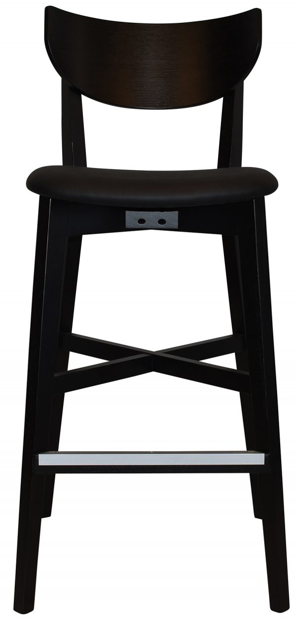 The Rialto Barstool is a tall, black wooden bar stool, featuring a curved backrest, cushioned seat, and footrest. It also includes an X-shaped support below the seat for added stability.