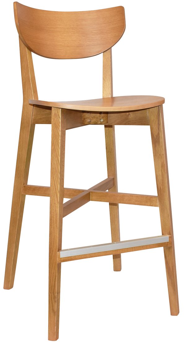 The Rialto Barstool is a wooden bar stool featuring a curved backrest and a square seat. It is designed with four straight legs connected by horizontal support bars, including a metal footrest on the lower front support bar. The stool boasts a natural wood finish.