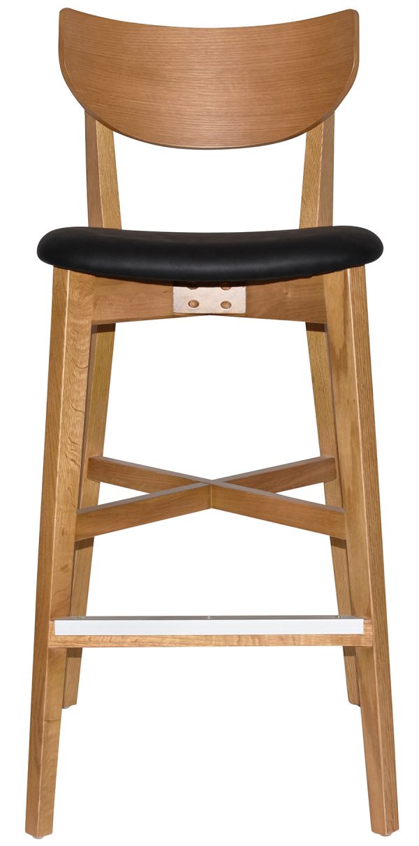 The Rialto Barstool is a wooden bar stool featuring a curved backrest and a black cushioned seat. It has straight wooden legs supported by crossbars on all sides, along with a metal footrest on the lower front bar for added comfort.