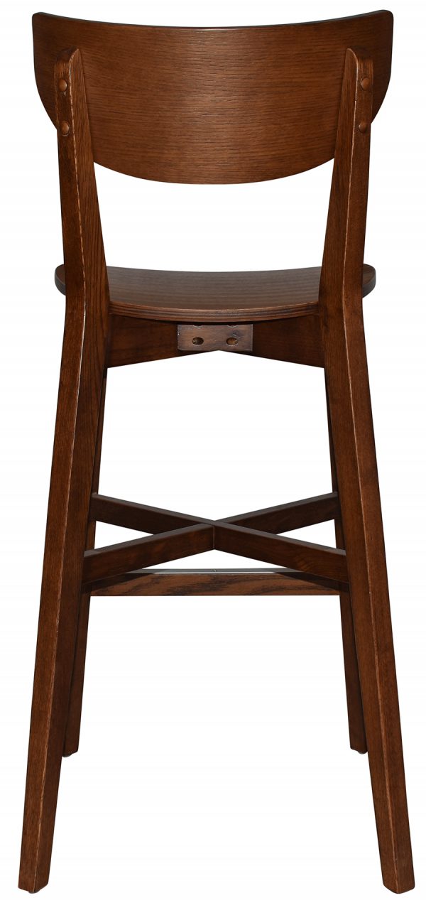 The image shows the back view of the Rialto Barstool, which features a curved backrest, a rectangular seat, and four legs connected by an X-shaped stretcher. The stool has a dark brown finish and boasts a minimalist design.