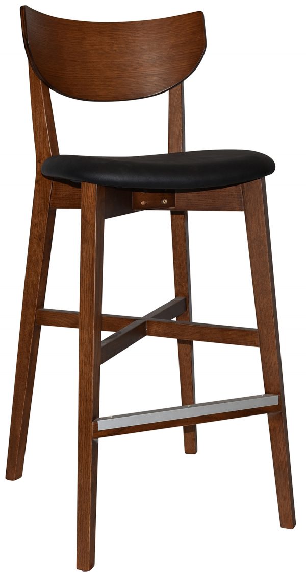 The Rialto Barstool is a refined wooden bar stool with a dark brown finish, showcasing a curved backrest and a padded black seat. It features a sturdy four-legged base reinforced by crossbars, including a metal footrest on the front crossbar for added support and comfort.