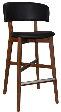 The Torino Barstool is a tall wooden barstool with a dark brown finish, featuring a black cushioned seat and backrest. It includes a footrest with a metal strip for added durability and has four sturdy legs with supportive crossbars in its design.