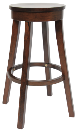 The Bonn Barstool is a wooden bar stool with a round, flat seat and four legs. It boasts a dark brown finish and includes a circular rung at the bottom that connects the legs for added support.