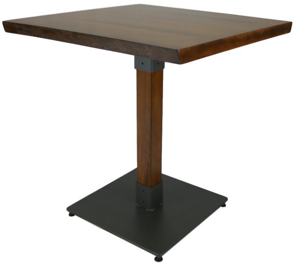 The Genoa Hardwood Table features a square wooden top with a dark finish, supported by a single central wooden pedestal mounted on a flat, square black base. Its design is both minimalist and modern.