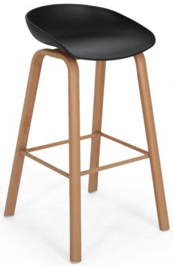 The Sophia Barstool is a modern piece featuring a black curved plastic seat without a backrest, supported by four angled wooden legs. The legs are connected by a minimalist metal footrest, seamlessly combining contemporary design with natural materials.