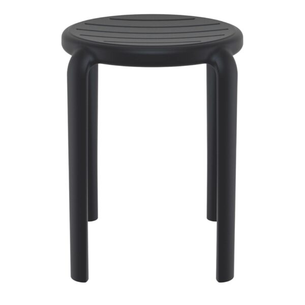 The Tom Stool is a simple, modern black stool featuring a round seat with a smooth, grooved surface pattern and four slightly curved legs. Its minimalist and functional design makes it suitable for various settings.