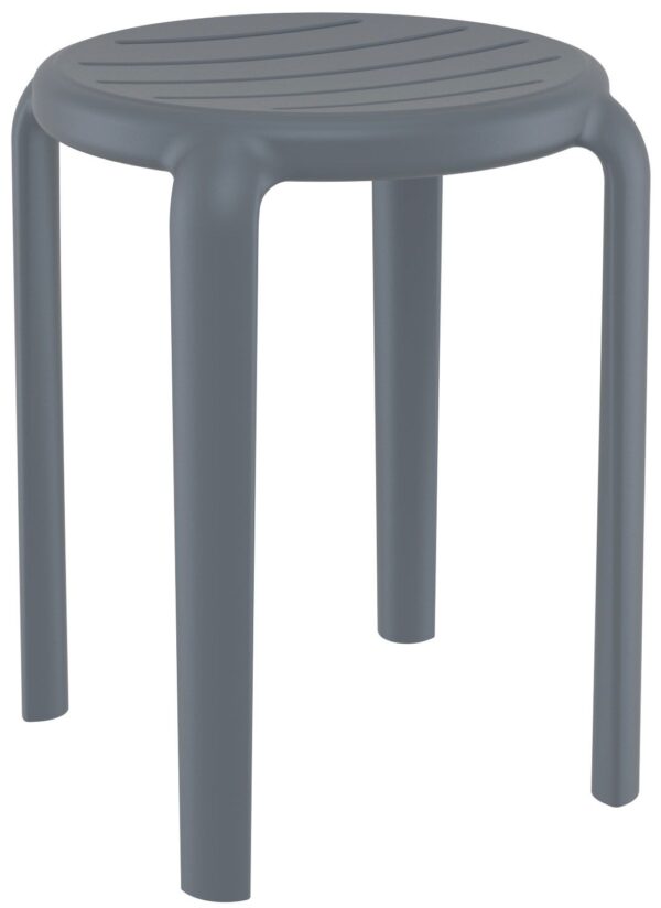 The Tom Stool is a small, round, dark gray plastic seat with four legs. Its simple design features evenly spaced slits for ventilation on the seat. The stool boasts a minimalist, modern appearance.