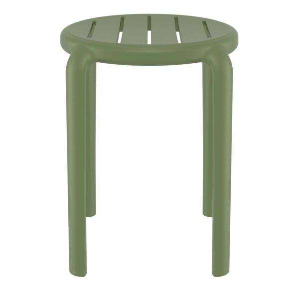 The Tom Stool is a minimalist green stool with a round seat that features three narrow gaps. It has three legs and is suitable for both indoor and outdoor use.