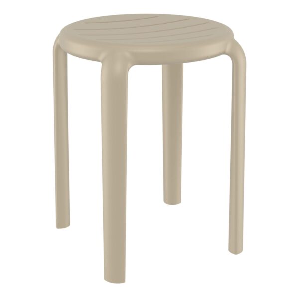 The Tom Stool is a beige, round plastic stool with a smooth, slightly concave seat supported by four cylindrical legs. It features minimalistic lines and a simple, modern design.