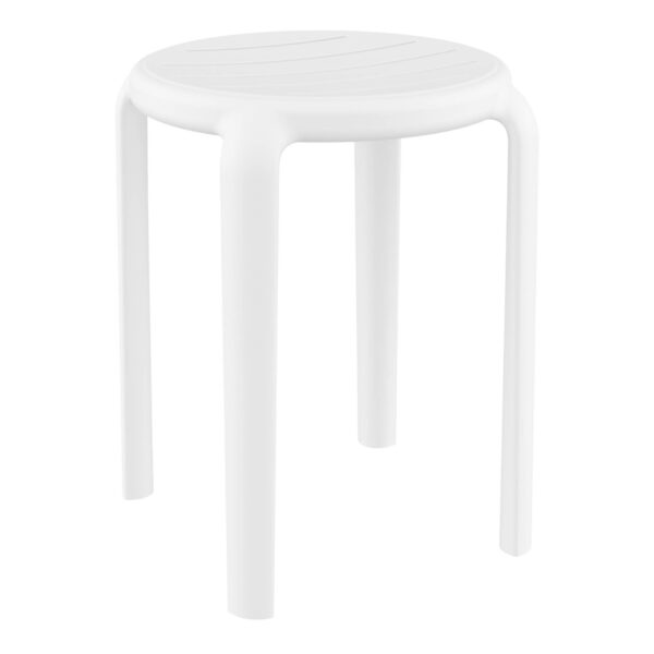 The Tom Stool is a compact, white plastic stool featuring four evenly spaced legs and a round, slightly curved top. Its minimalist design showcases smooth lines and clean surfaces, offering both stability and functionality as a seating option.