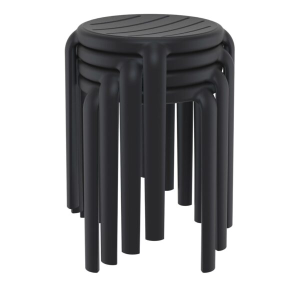 A set of four Tom Stools, designed with a sleek black finish and smooth, curved legs. The identical round stools nest neatly together for a compact and modern look. Each seat boasts a subtle, linear pattern.