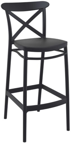 Introducing the Cross Barstool, a sleek and modern tall black bar stool featuring a contoured seat and an X-shaped wooden backrest. This elegant piece is supported by four sturdy legs connected by horizontal supports, offering both style and stability.