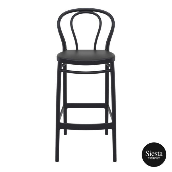 The Victor Barstool features a sleek black finish with a curved backrest design and four sturdy legs. It boasts a smooth, round seat and includes footrests at the front and sides for added comfort. The Siesta Exclusive logo is elegantly placed in the lower right corner.