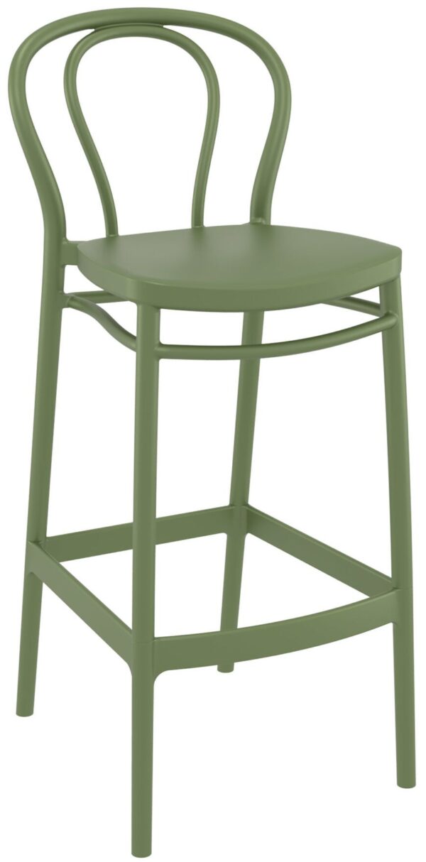 The Victor Barstool is a tall, green bar stool with a sleek and modern design. It features a curved, open backrest and a circular seat. The stool includes four straight legs with a footrest connected near the bottom.
