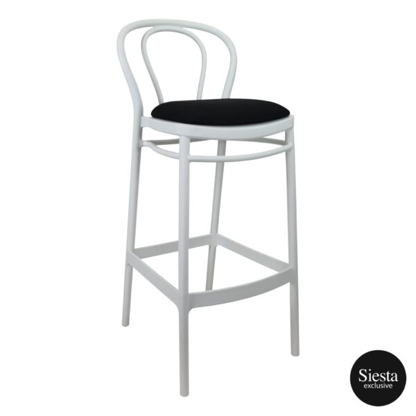 The Victor Barstool is a tall, white barstool that features a rounded backrest and a black cushioned seat. Its frame boasts a minimalist design with gentle curves and an integrated supportive footrest. The "Siesta exclusive" logo can be seen in the bottom right corner of the image.
