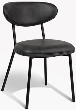 The Bon Bon Chair features a sleek and contemporary design with a black finish. Its oval-shaped cushioned backrest and round cushioned seat are upholstered in a soft, dark fabric. The chair is supported by a metal frame with four slim legs, combining modern aesthetics with comfort.