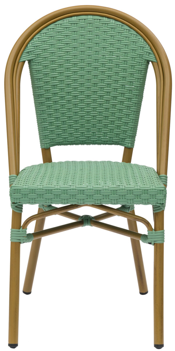 The Teal Parisian Chair features a wicker-style design with a light green seat and backrest. Its frame, which resembles bamboo or wood, is light brown in color. The chair stands on four legs and includes cross braces for additional support, presenting a sleek and modern overall design.