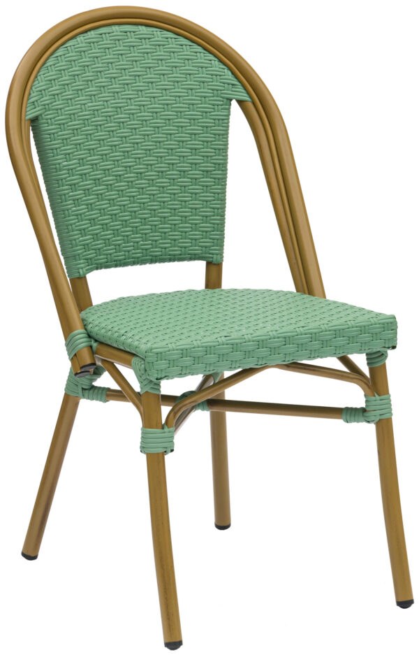 The Teal Parisian Chair features a woven green rattan backrest and seat, supported by a curved bamboo-like frame. It stands on four legs with reinforced joints, seamlessly blending a natural, rustic aesthetic with modern design elements.