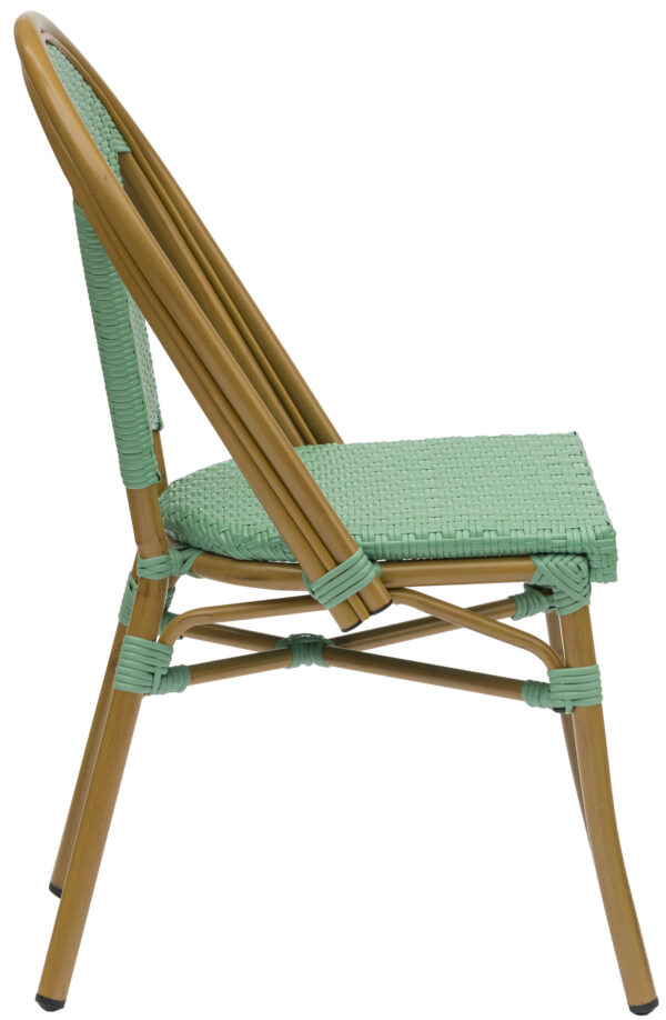 Side view of the Teal Parisian Chair showcasing its woven green seat and backrest. The chair features wooden legs and frame, with support bars connecting the legs for added stability. The design blends traditional wickerwork with a modern aesthetic.